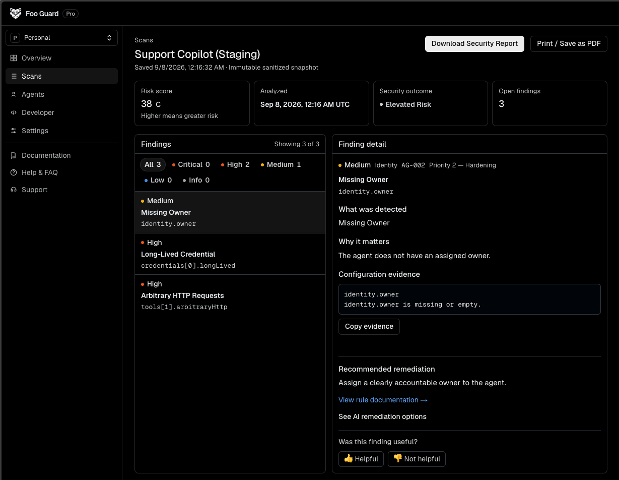 Agent scan showing prioritized findings, the exact configuration evidence, and recommended remediation.