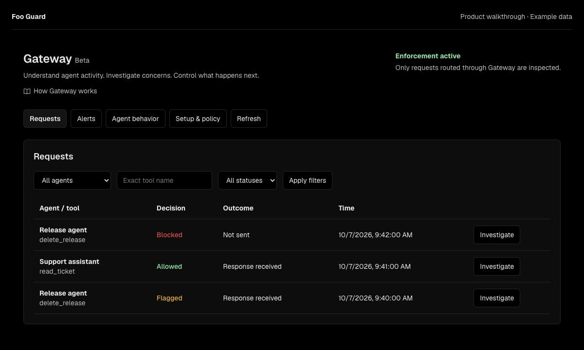 Gateway request history with blocked, allowed, and previously flagged tool calls, filters, and investigation actions.