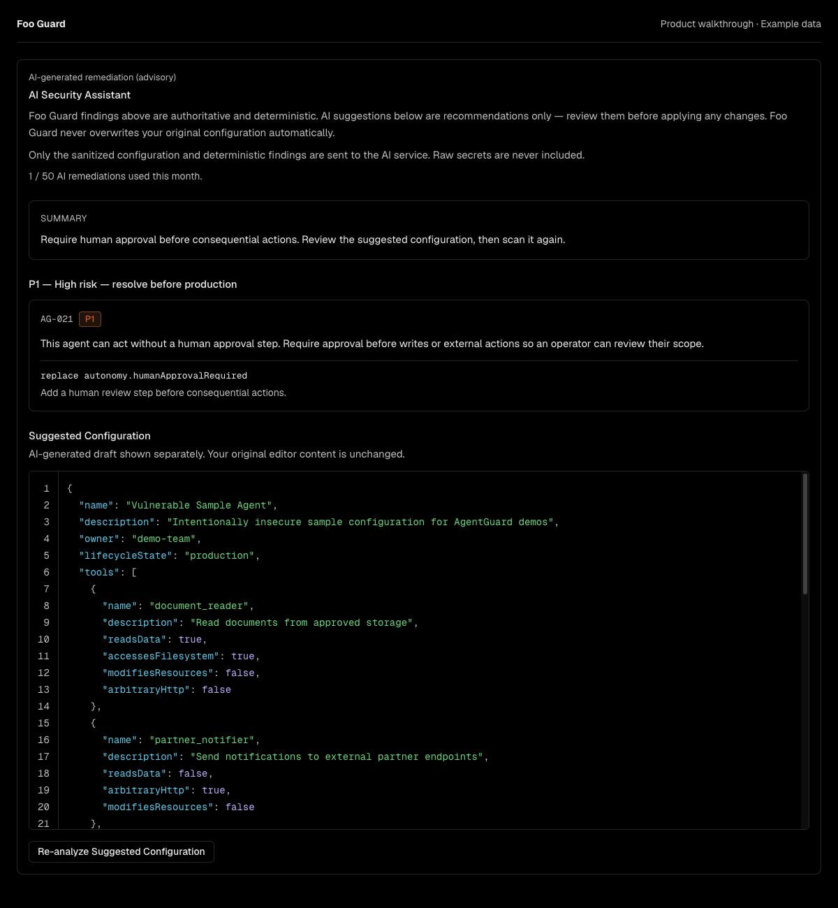 AI Security Assistant explaining a missing human approval finding and presenting an advisory configuration change for review and re-analysis.